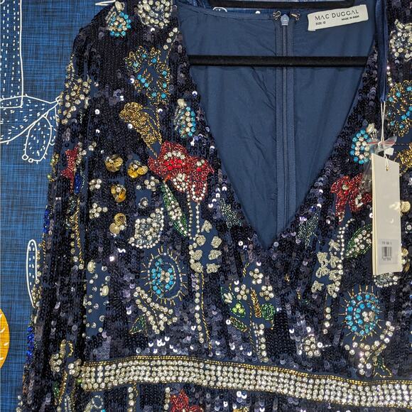 NWT Mac Duggal Embellished Wrap Over Bishop Sleeve Gown Midnight Multi Size 10 - Picture 5 of 11